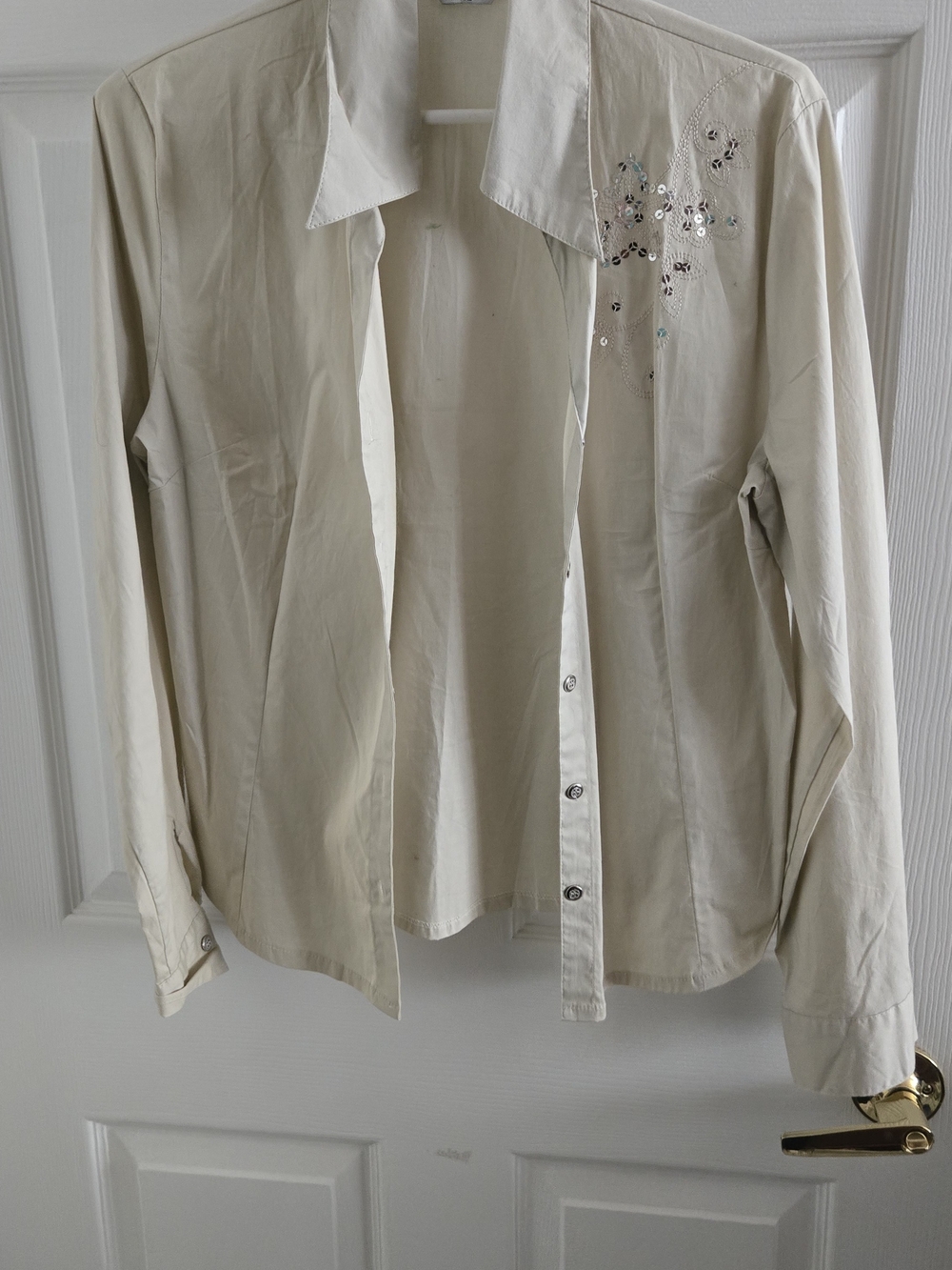 Women's Cream Button-Up Shirt with Sequin Detail